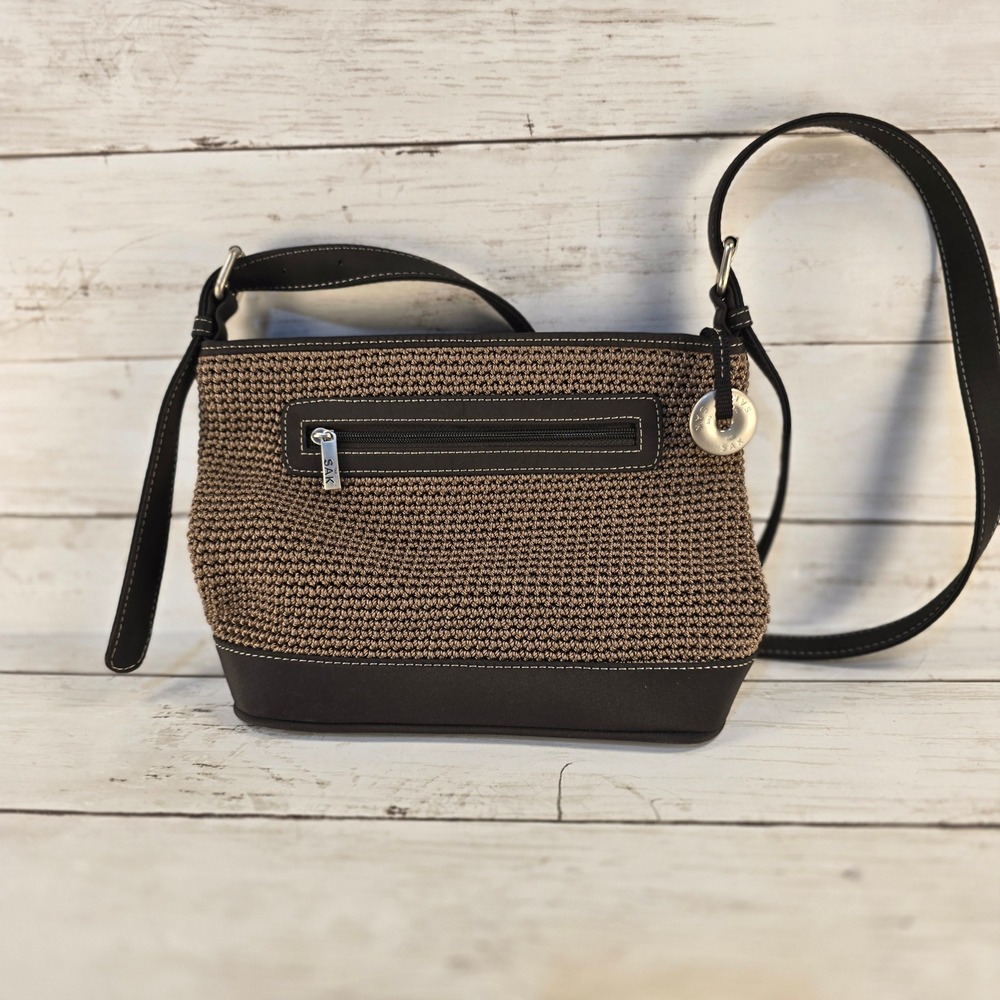 The Sak Crochet Crossbody Bag Brown Coffee Two Tone Adjustable Strap Small
